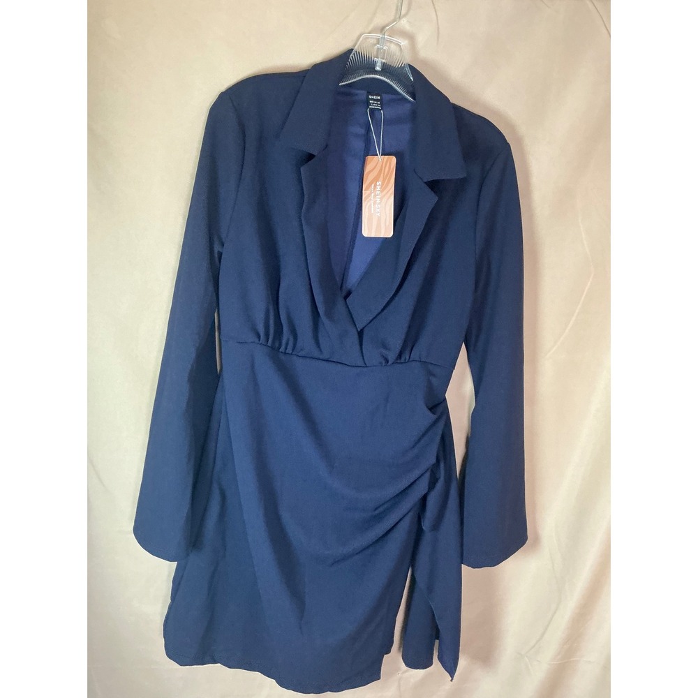 Shein Blazer Mini Dress Womens Large Navy Blue NEW Ruched Long Sleeve V-Neck